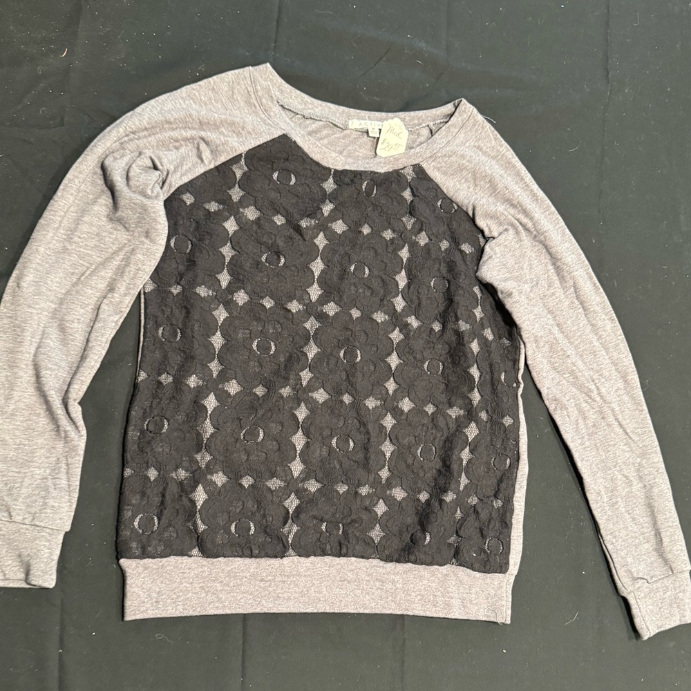 Active USA Gray Long Sleeve Tee with Black Lace Front
